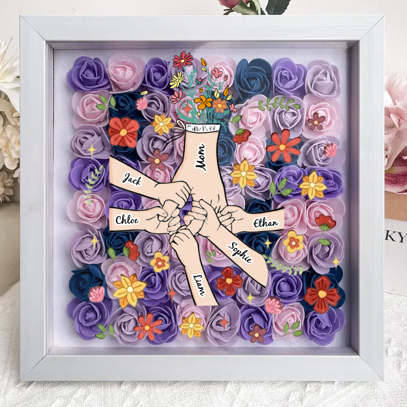 Personalized Flower Shadow Box, hand holding with many flowers- Mother's Day Gift