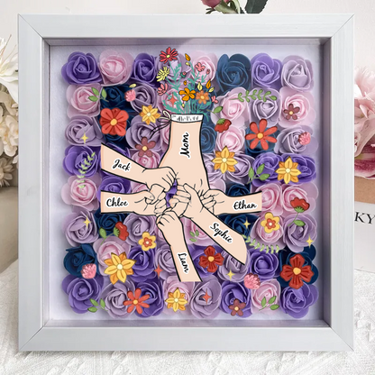Personalized Flower Shadow Box, hand holding with many flowers- Mother's Day Gift