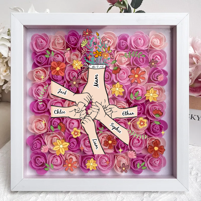 Personalized Flower Shadow Box, hand holding with many flowers- Mother&