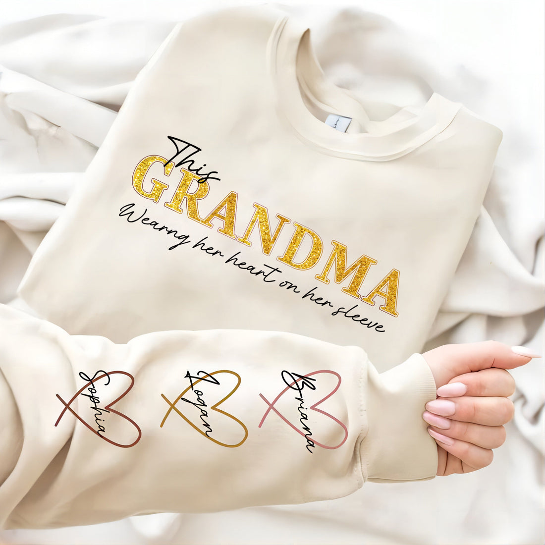 Personalized Wear Heart On Sleeve Mama Sweatshirt with Kid Names on Sleeves Mother&