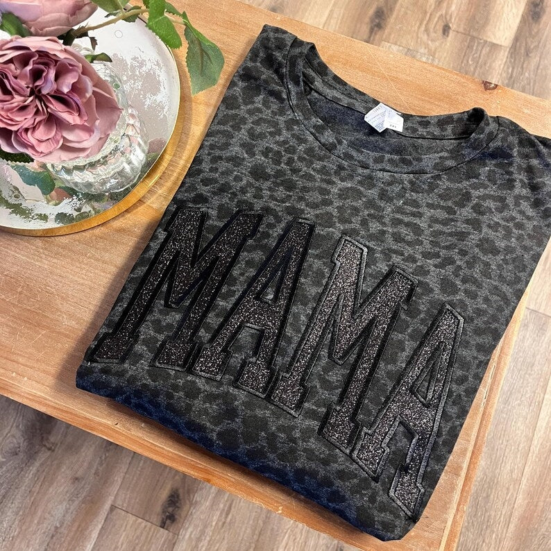Custom Embroidered Leopard Mama Shirt Black Glitter Monochromatic Tee Mothers Day Gift for Mom