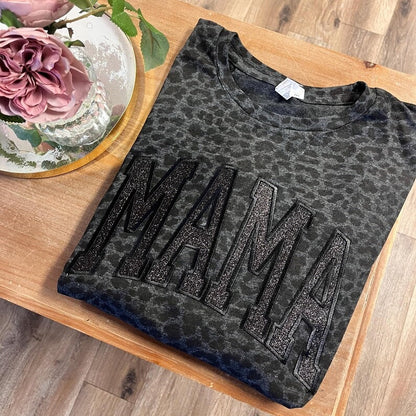 Custom Embroidered Leopard Mama Shirt Black Glitter Monochromatic Tee Mothers Day Gift for Mom