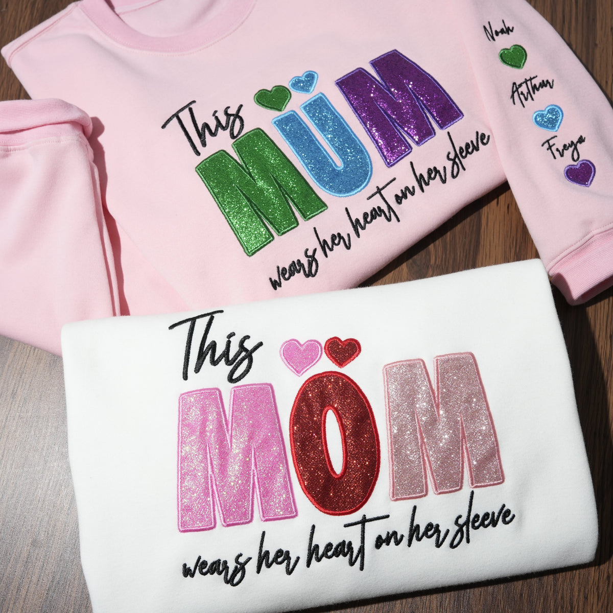Custom Mama/Mom "Wear Heart on Her Sleeve" Sequin Sweatshirt with Kids&