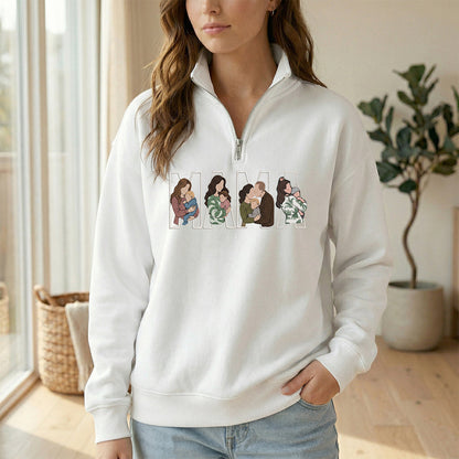 Custom Photo Portrait Embroidery Quarter Zip Sweatshirt, Gift For Mom/Mama/Family