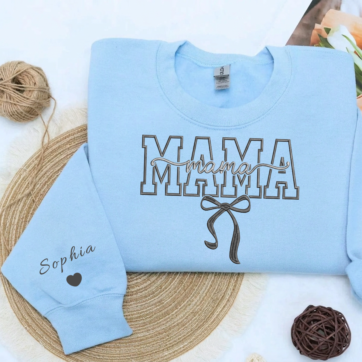 Custom "MAMA" Embroidered Sweatshirt with Ribbon Bow | Mother&