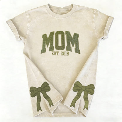 Custom Trendy and Cute Mama Embroidered Glitter Side Bow Washed Sweatshirt | Mother&