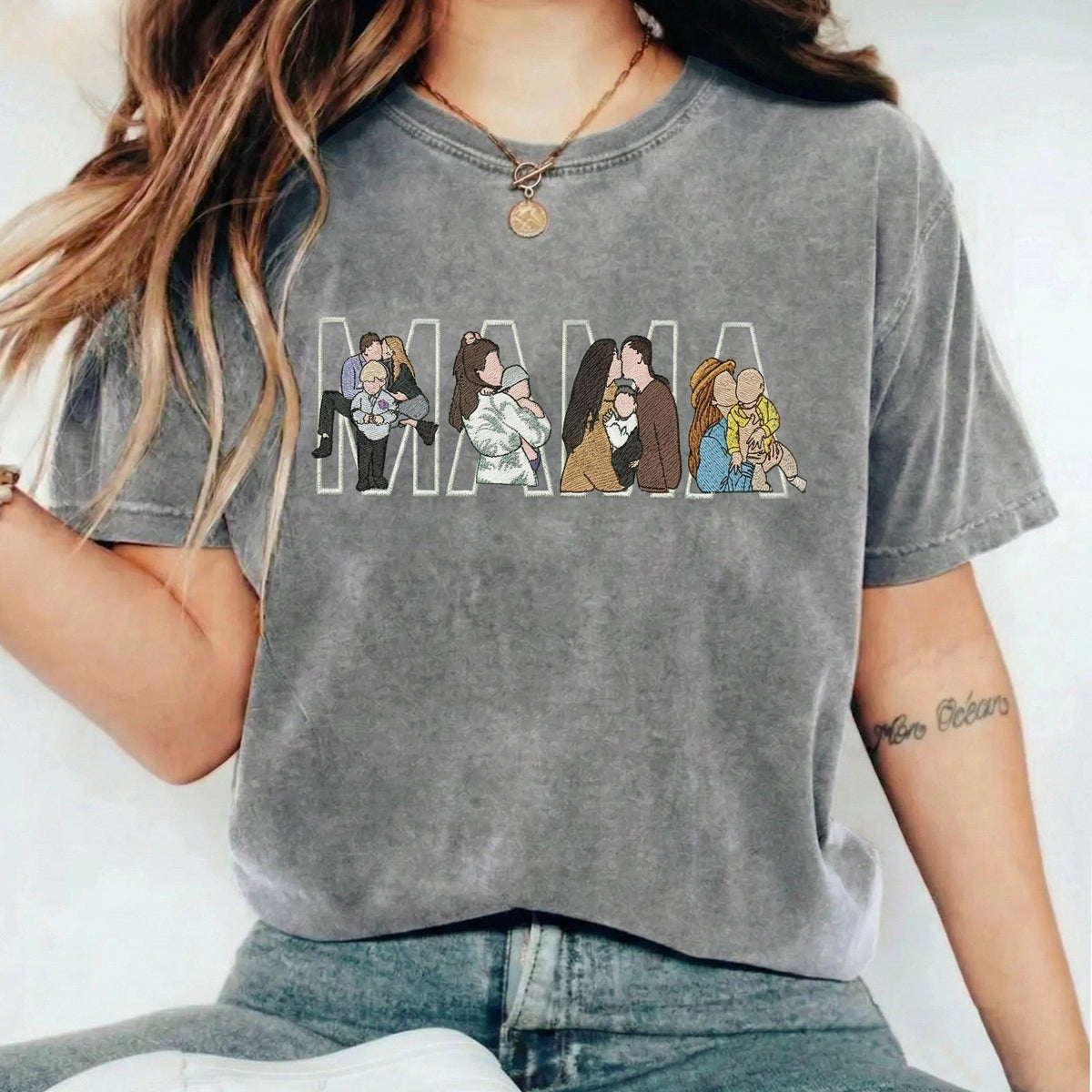 Custom Photo Portrait Embroidery Washed Sweatshirt, Gift For Mum/Family