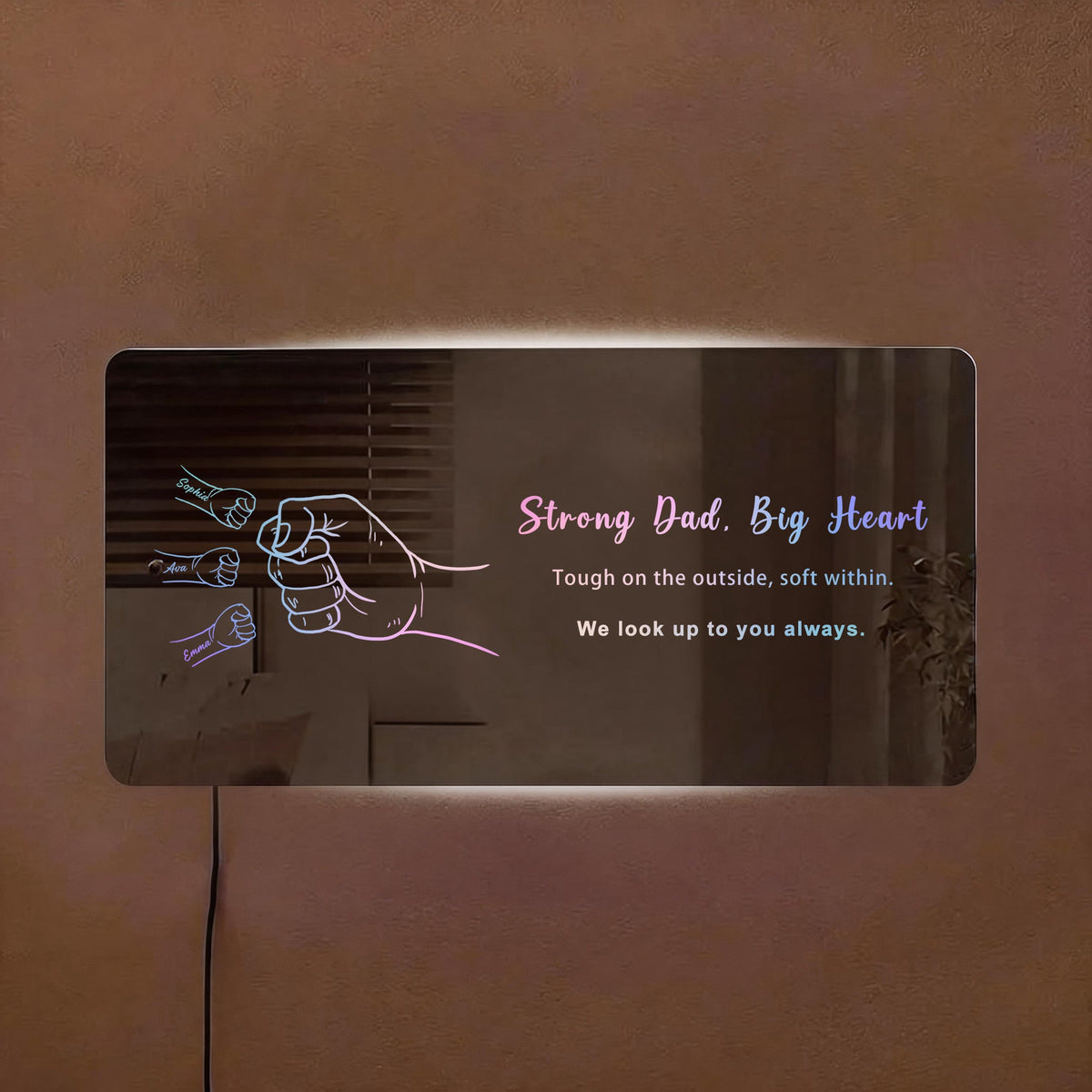 Personalized Dad &amp; Kids Fist Bump Mirror Light – Custom Father’s Day Gift
