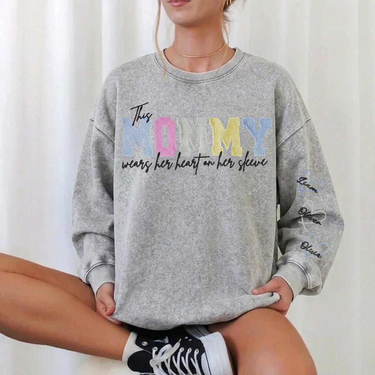 Custom Embroidered Heart on Sleeve Personalized Mommy/Grandma Washed Sweatshirt | Mother&
