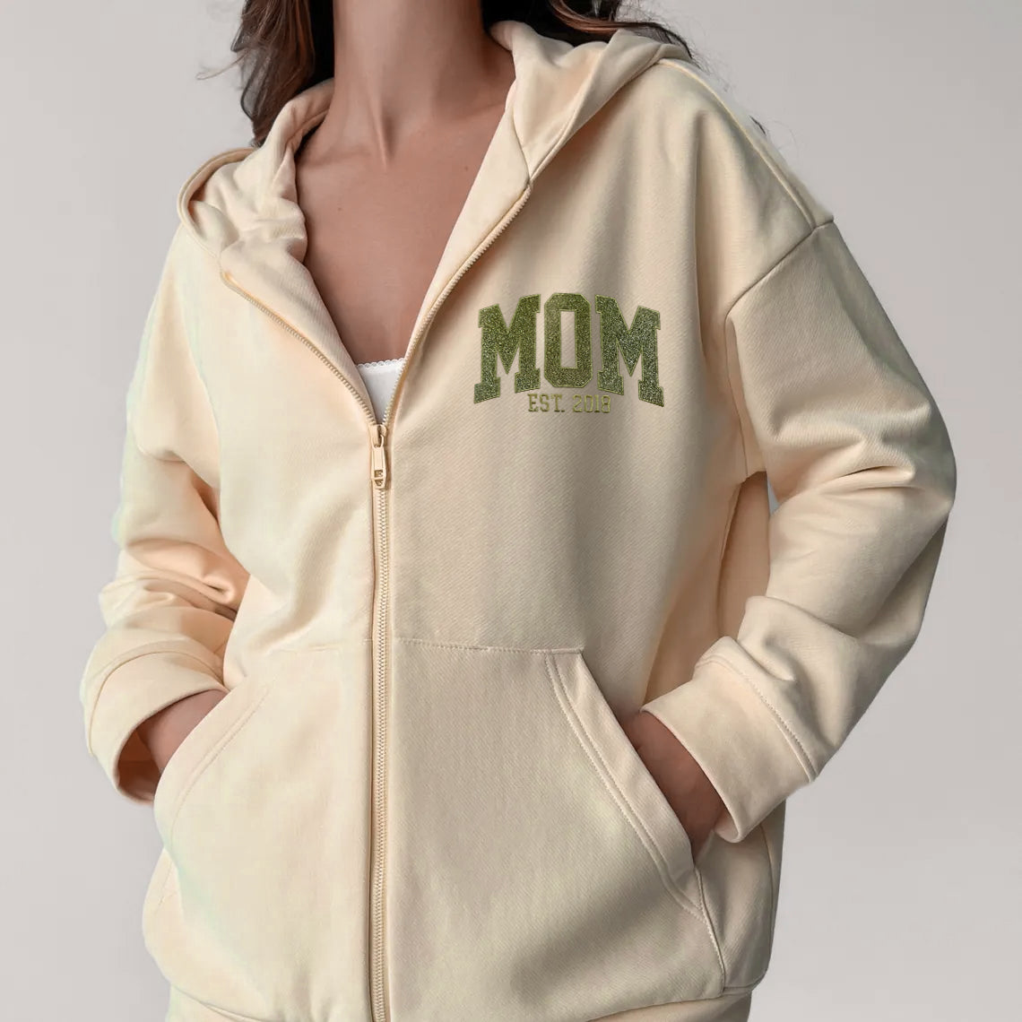 Custom Glitter Mom Full Zip Sweatshirt | Gift for Mom
