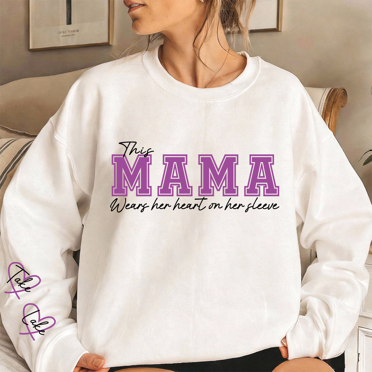 This Mama Wears Her Heart on Her Sleeve – Personalized Print Mama Sweatshirt with Kids’ Names | for Mom Mother&