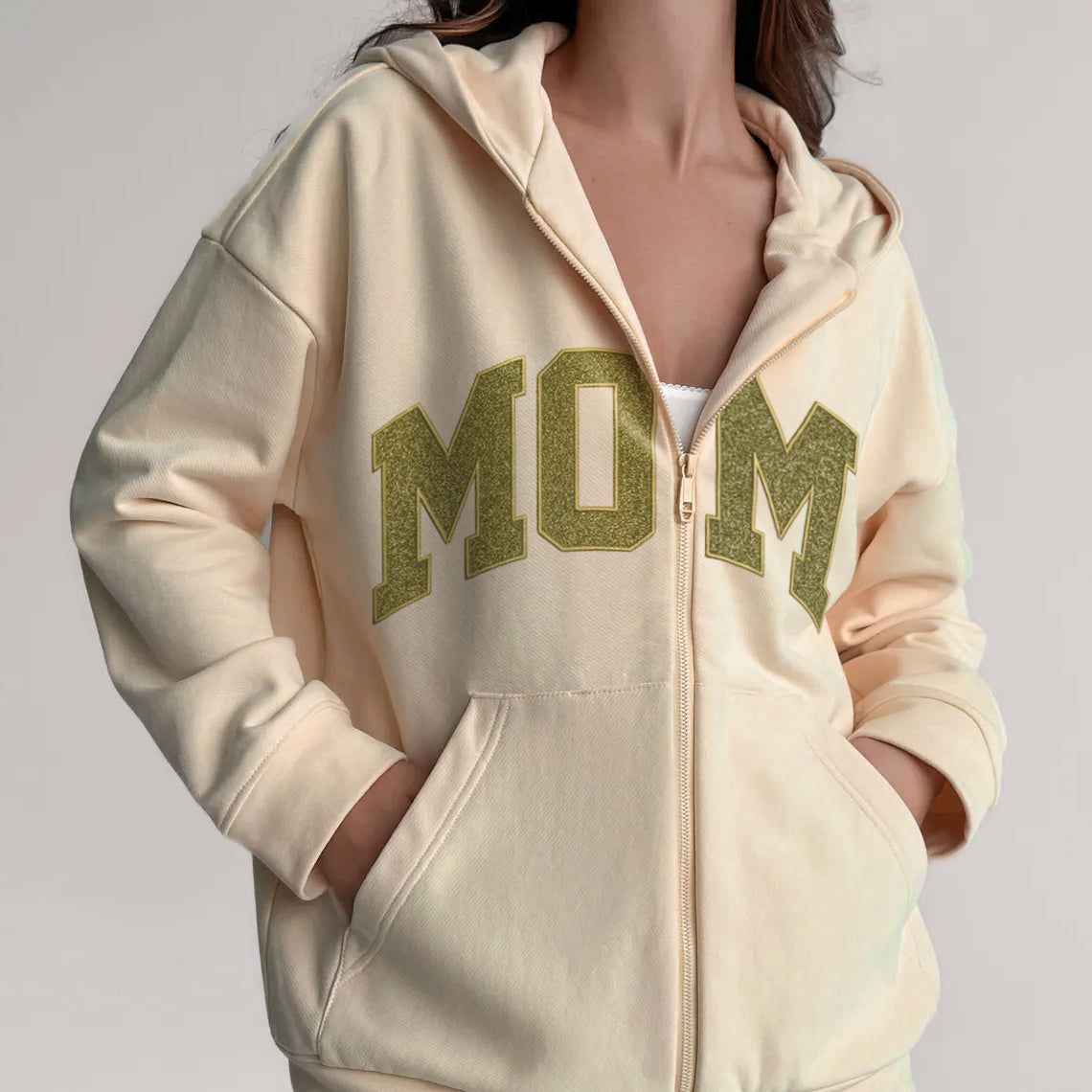 Custom Embroidered Applique Glitter Mama Full Zip Sweatshirt - Gift for Mom