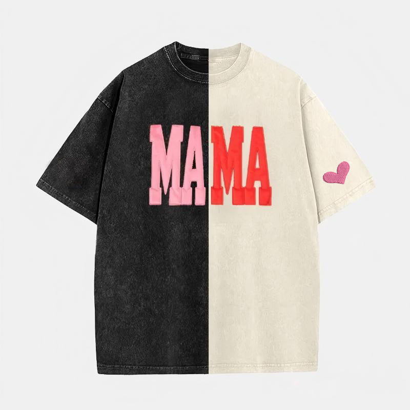 Custom Fabric Applique MAMA Two Tone Embroidered Vintage Washed T-Shirt for Mother&