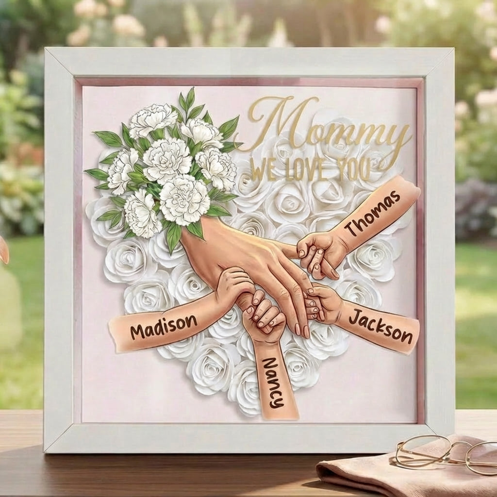 "White Carnation"-Personalized Mom Holding Hands Memorial Shadow Box-Mother&