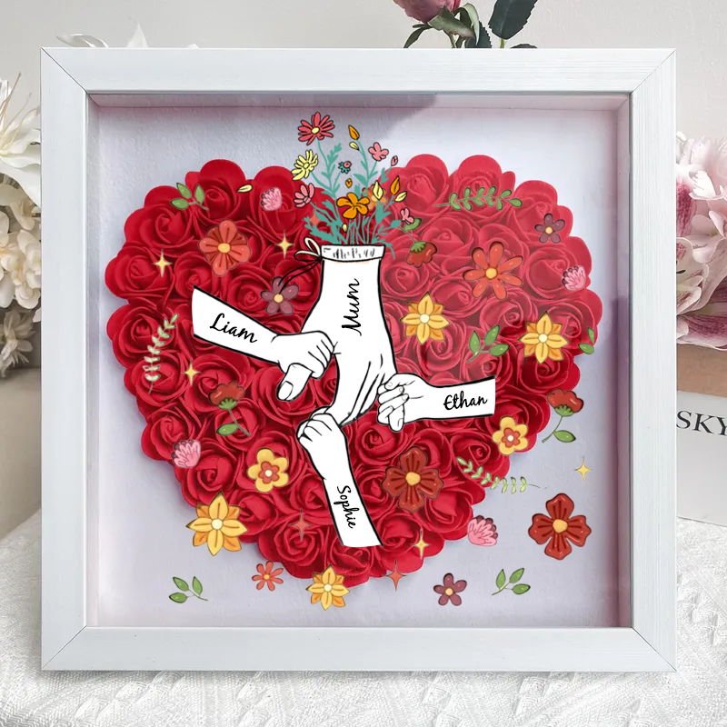 Personalized Flower Shadow Box, hand holding with many flowers- Mother&