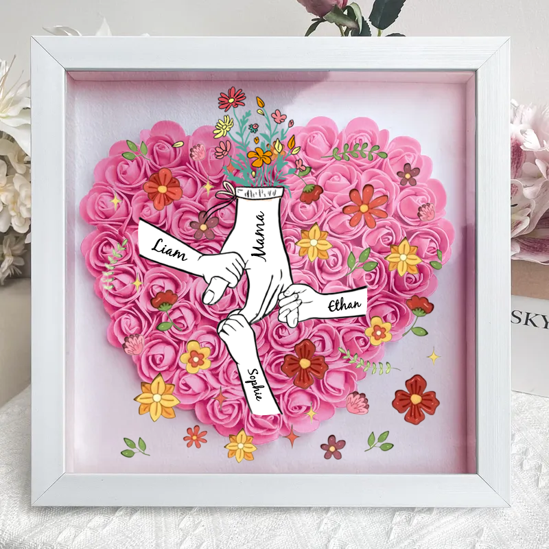 Personalized Flower Shadow Box, hand holding with many flowers- Mother&