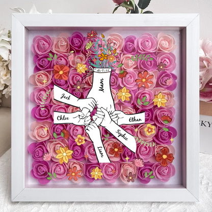 Personalized Flower Shadow Box, hand holding with many flowers- Mother's Day Gift