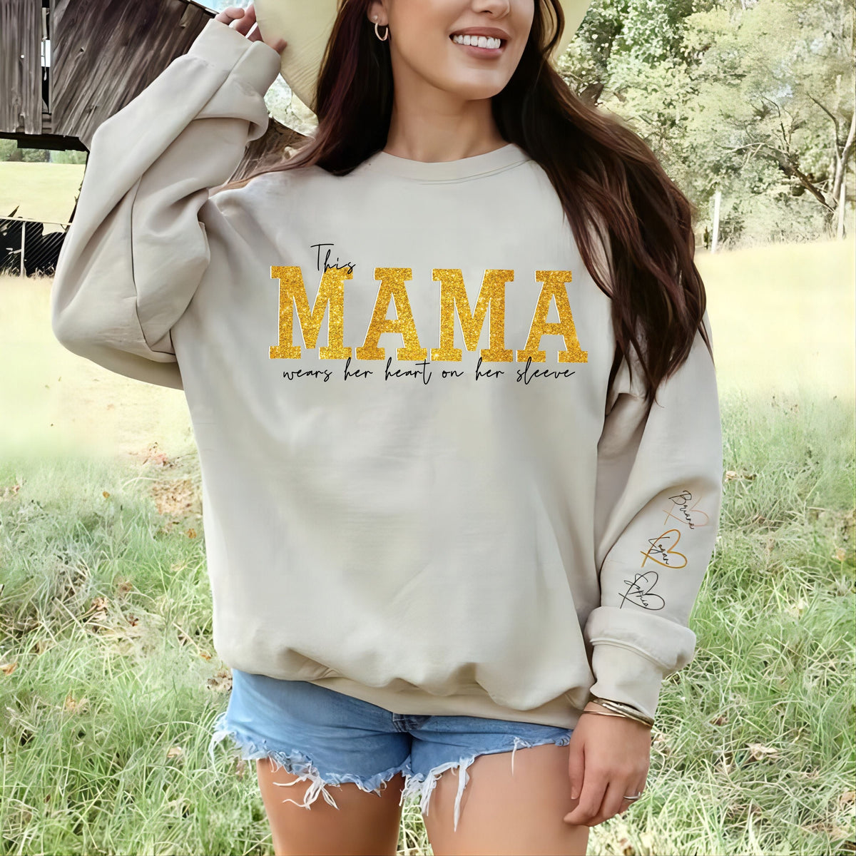 Personalized Wear Heart On Sleeve Mama Sweatshirt with Kid Names on Sleeves Mother&