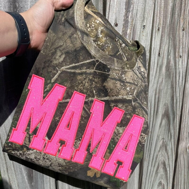 Personalized Camo Glitter Text Mama Shirt Custom Name Hunting Gift for Mom Mothers Day Apparel