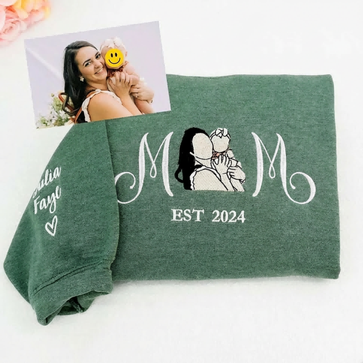 Custom Embroidered Mom Sweatshirt with Mom Kids Portrait | Mother&