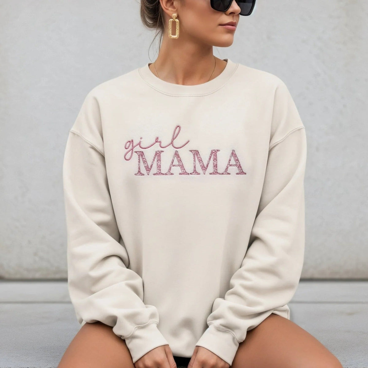 Girl Mama Embroidered Sweatshirt with Floral Pattern Mama Sweatshirt Embroidered for Girl Mom Sweatshirt with Chinoiserie Pattern