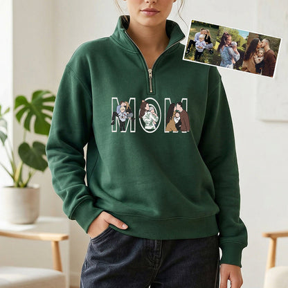 Custom Photo Portrait Embroidery Quarter Zip Sweatshirt, Gift For Mom/Mama/Family