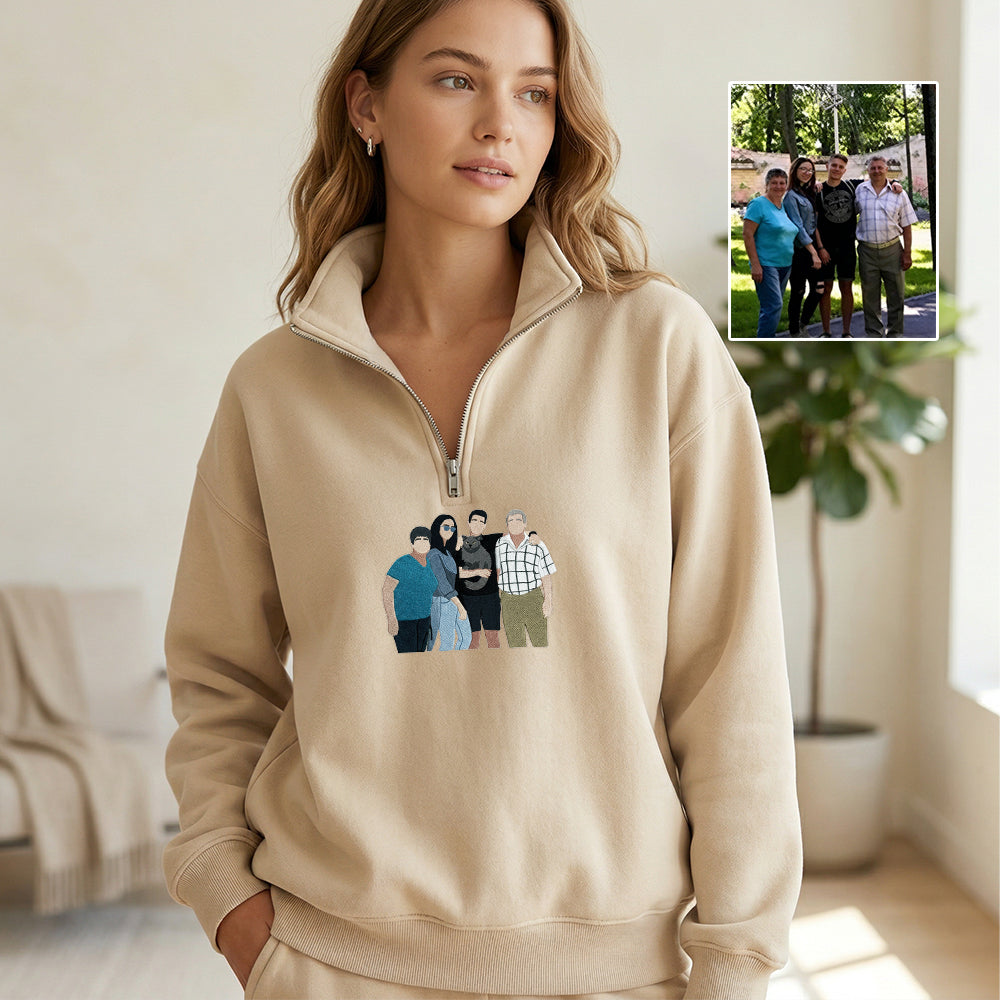 Custom Family Portrait From Photo Embroidered Quarter Zip Sweatshirt | Mother&