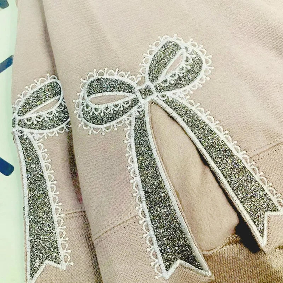 Custom Glitter Embroidered Lace Side Bow Mama Sweatshirt | Mother&