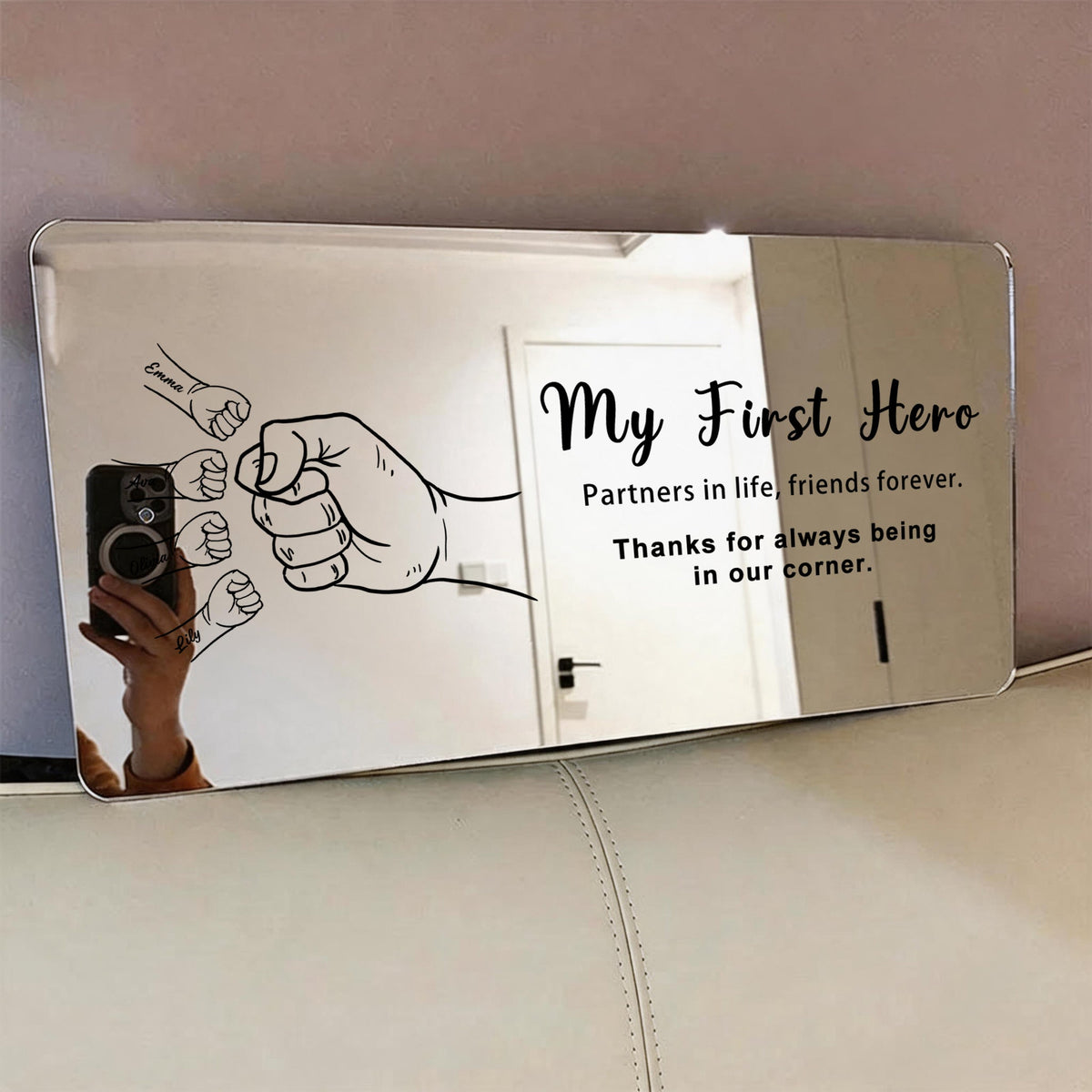 Personalized Dad &amp; Kids Fist Bump Mirror Light – Custom Father’s Day Gift