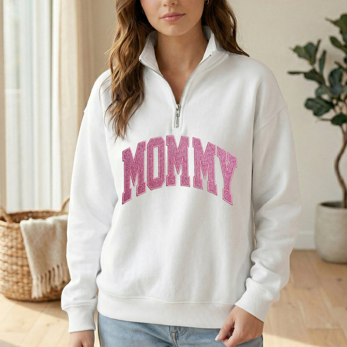 Custom Embroidered Applique Glitter Mama Quarter Zip Sweater - Gift for Mom