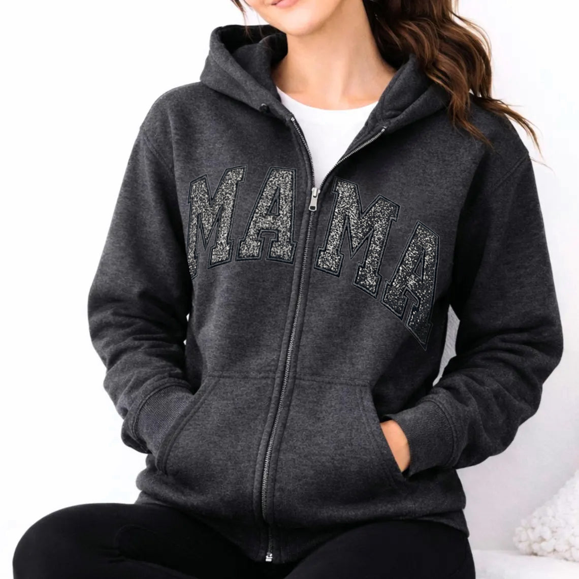 Custom Embroidered Applique Glitter Mama Full Zip Sweatshirt - Gift for Mom