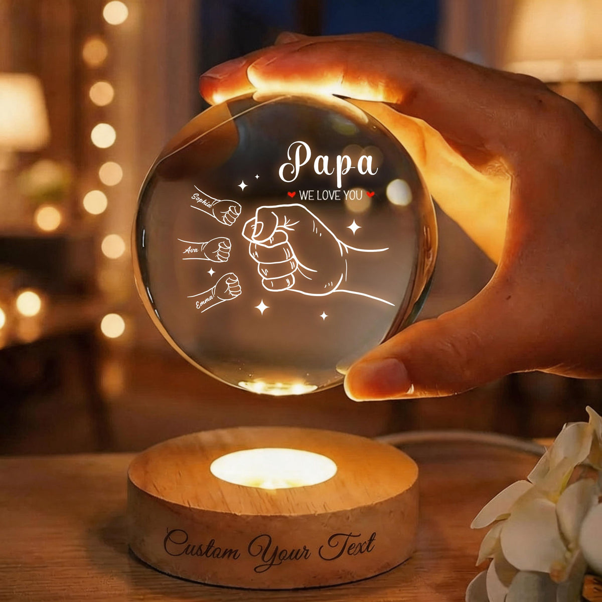Dad &amp; Me Fist Bump Crystal Ball Lamp - Personalized LED Night Light for Dad, Daddy, Papa, Father
