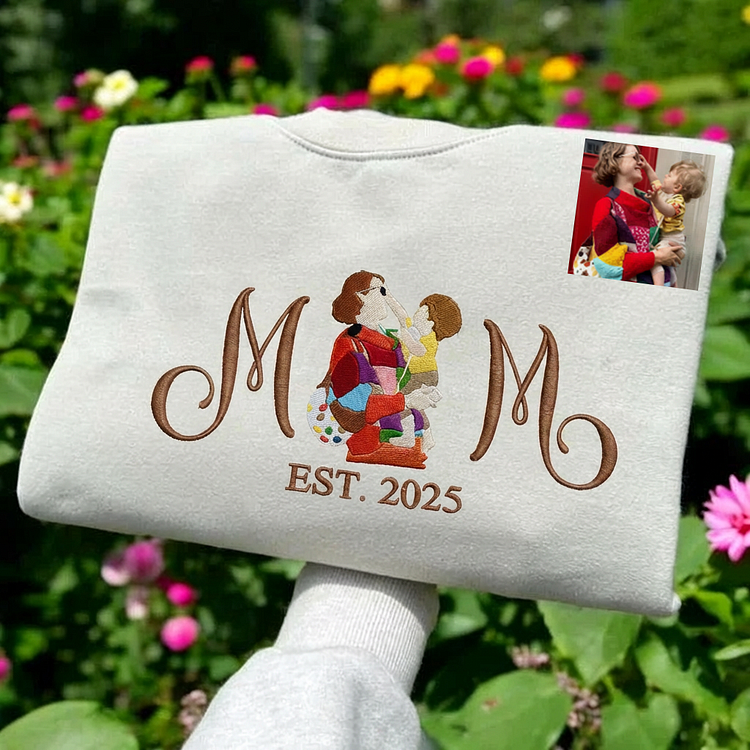 Custom Embroidered Mom Sweatshirt with Mom Kids Portrait | Mother&