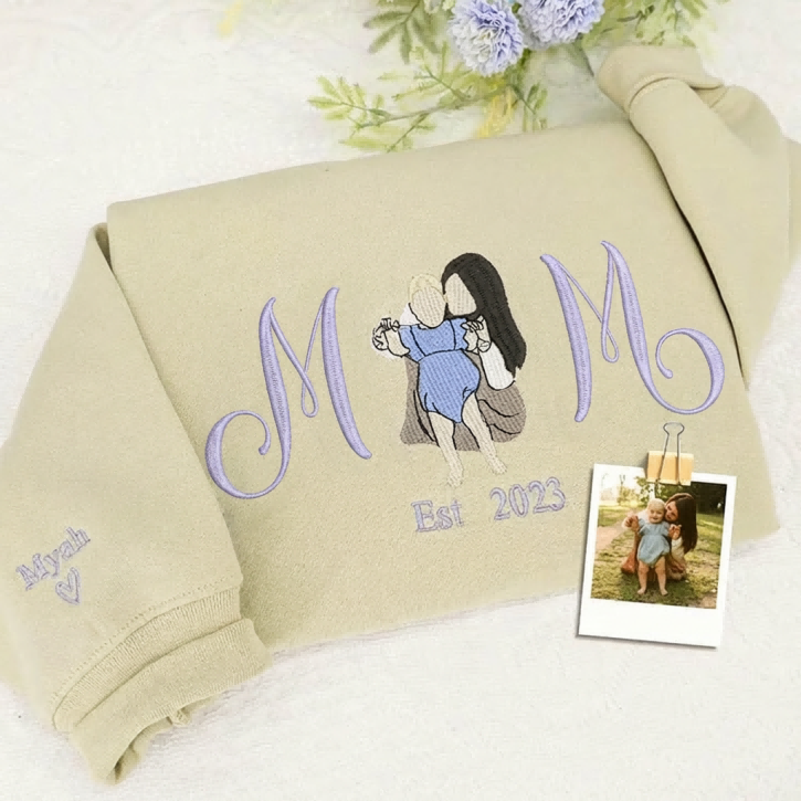 Custom Embroidered Mom Sweatshirt with Mom Kids Portrait | Mother&