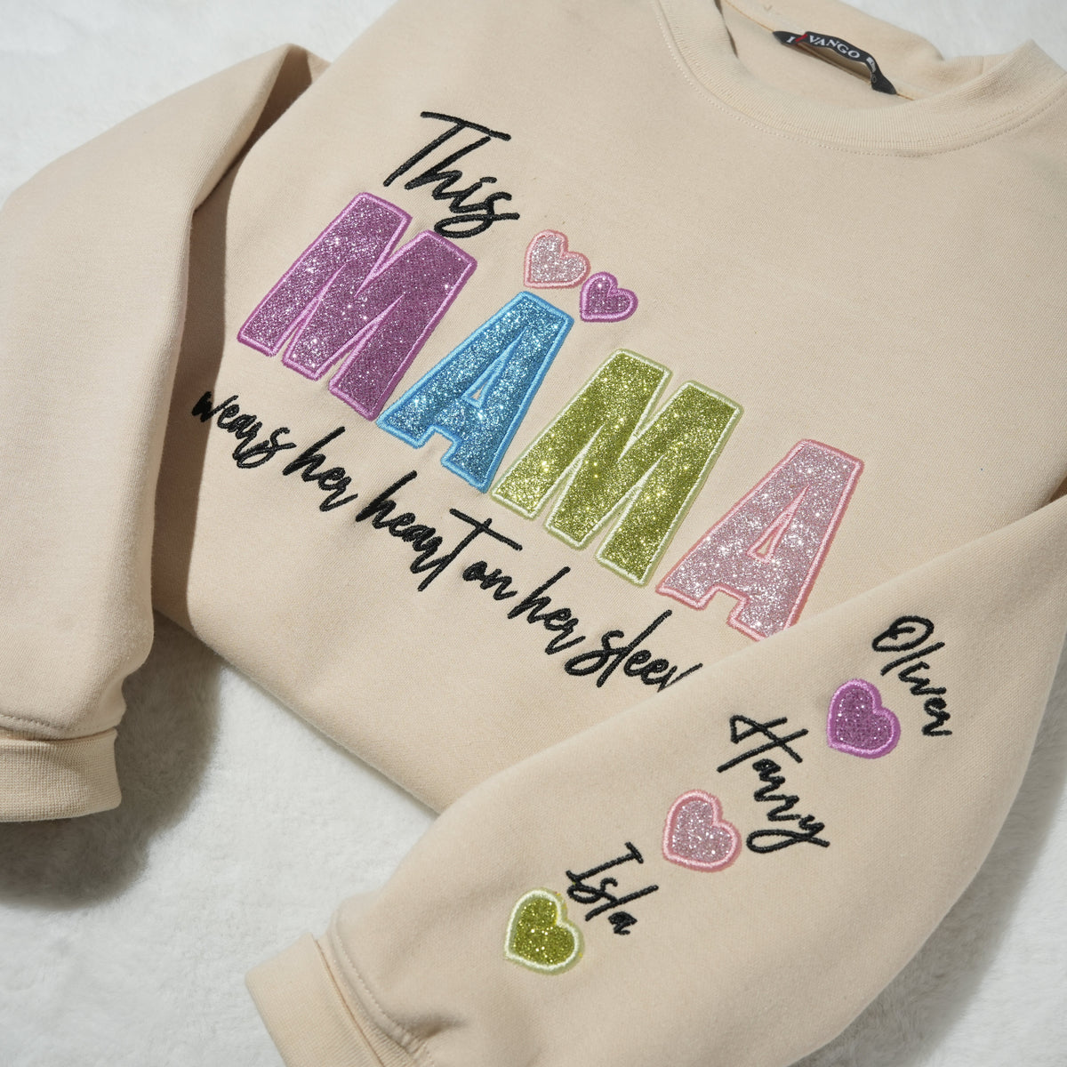 Custom Mama/Mom "Wear Heart on Her Sleeve" Sequin Sweatshirt with Kids&