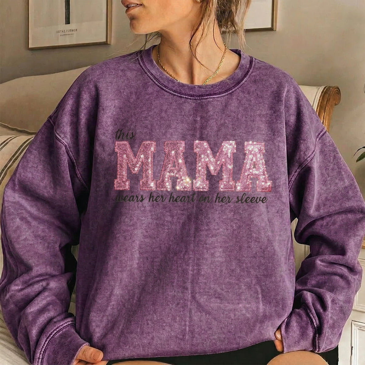 Custom Mama Sequin Embroidered Washed Sweatshirt &amp; T-shirt &amp; Hoodie with Kids&
