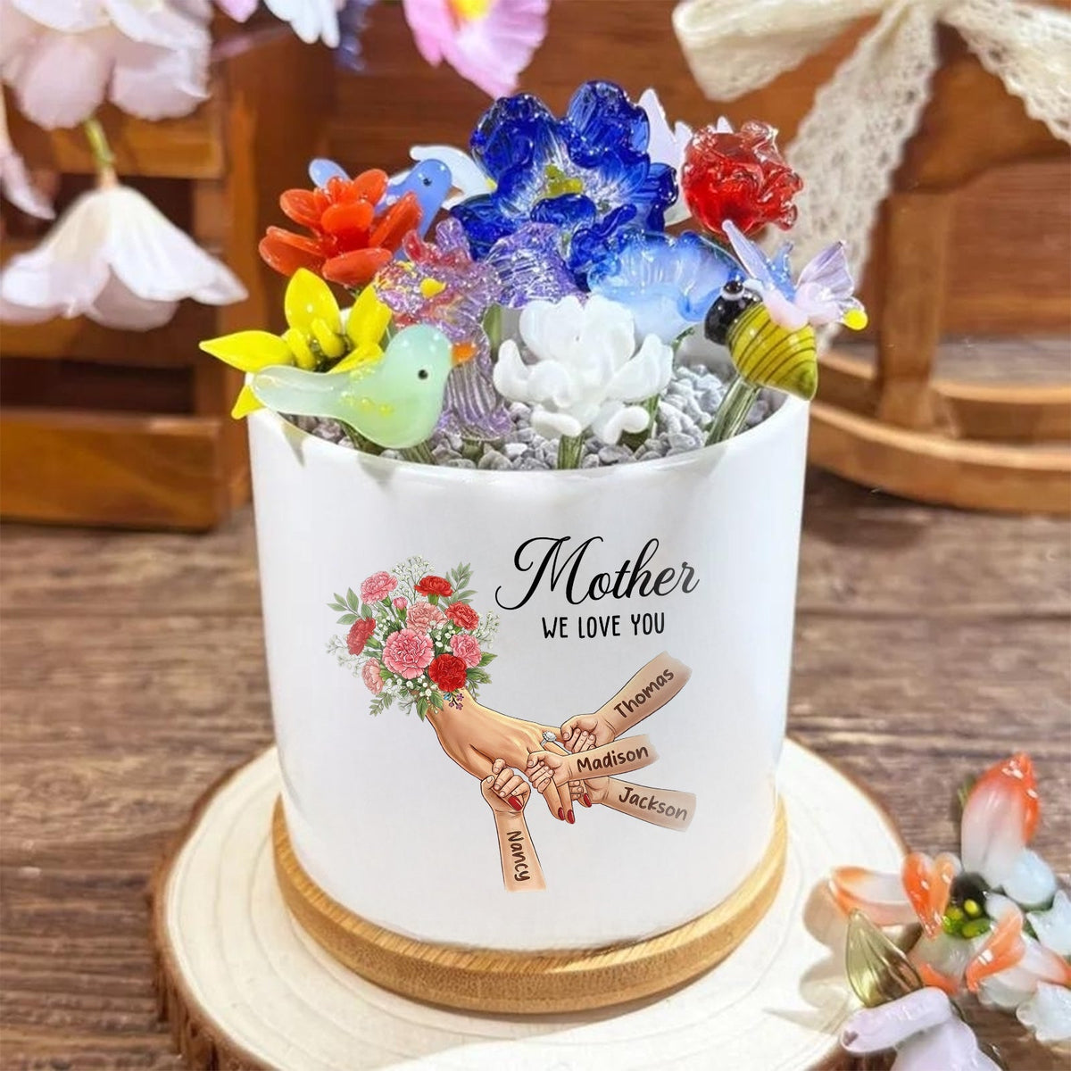 Personalized Carnation Large Plant Pot-Personalized Mom Holding Hands|Best Mother&