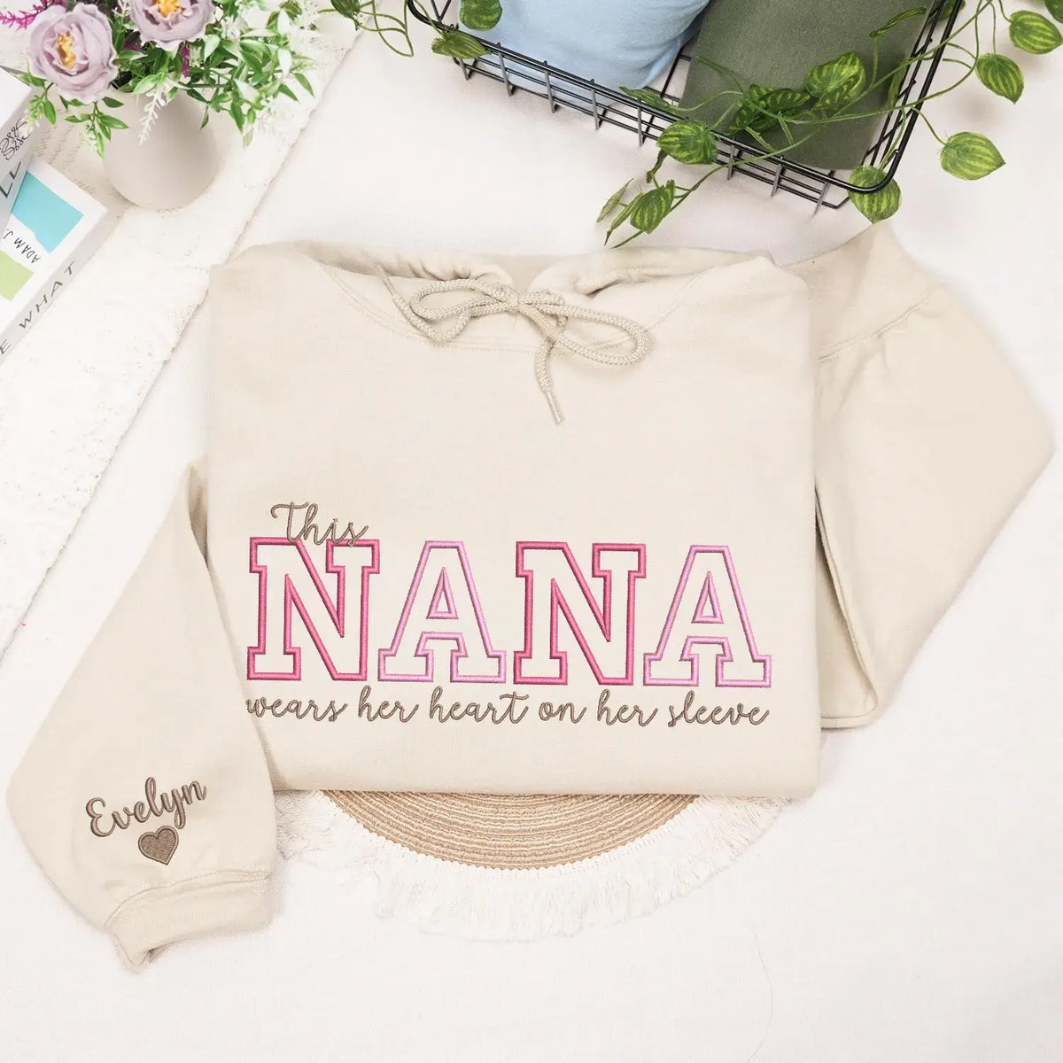 Custom Embroidered This Nana Wears Her Heart on Her Sleeve Sweatshirt | Mother&