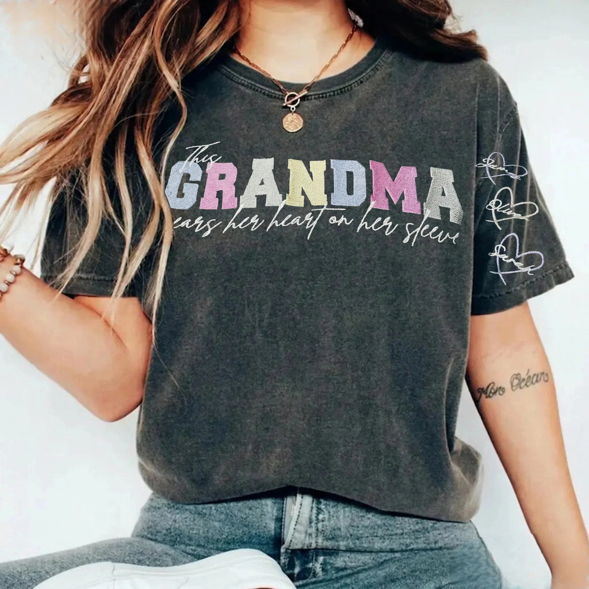 Custom Embroidered Heart on Sleeve Personalized Mommy/Grandma Washed Sweatshirt | Mother&