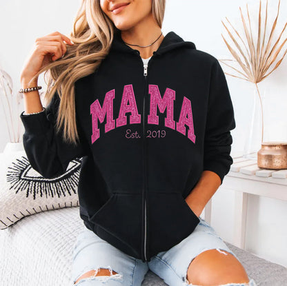 Custom Embroidered Applique Glitter Mama Full Zip Sweatshirt - Gift for Mom