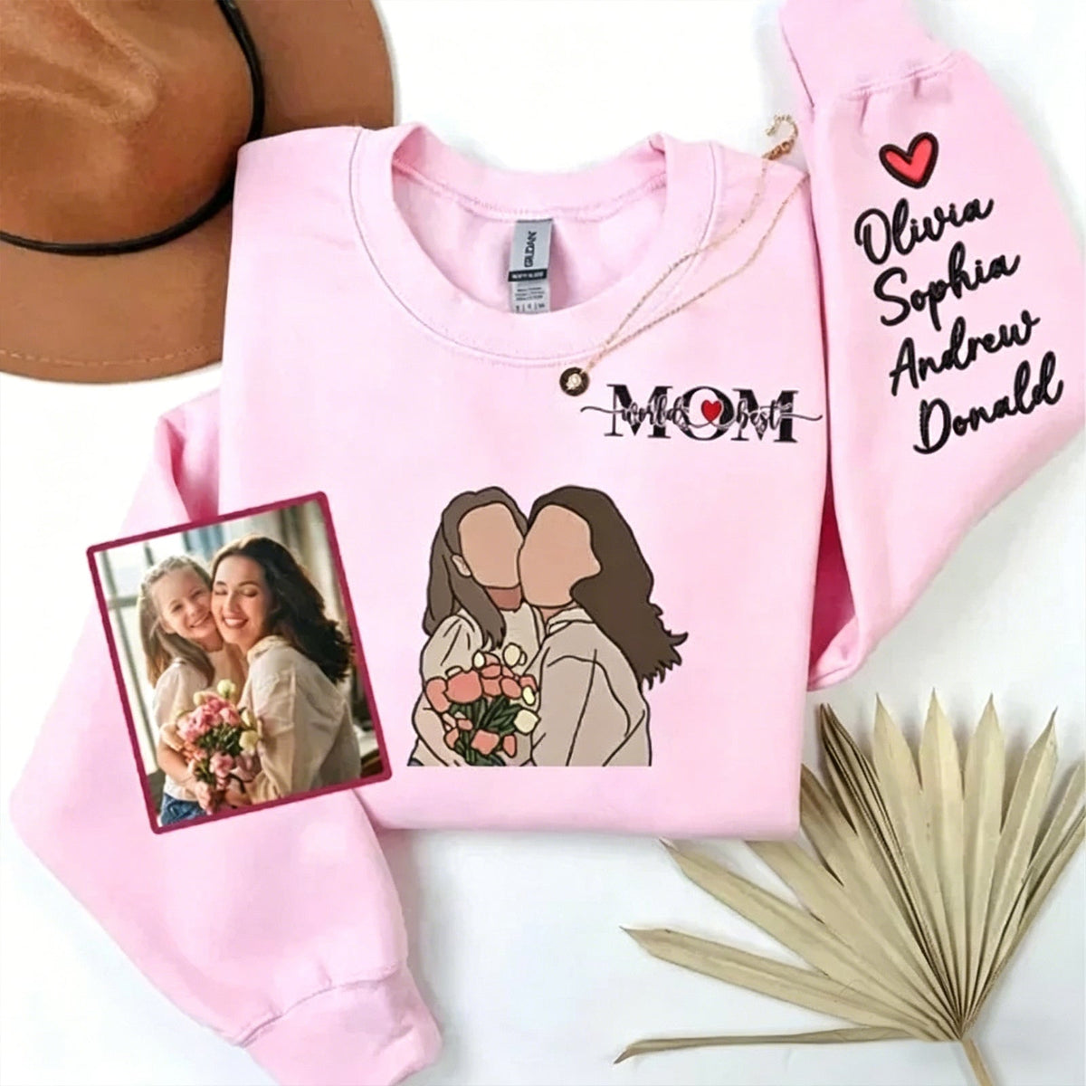 Personalized Photo Custom Embroidered Kids Names Sweatshirt for Mother’s Day Gift