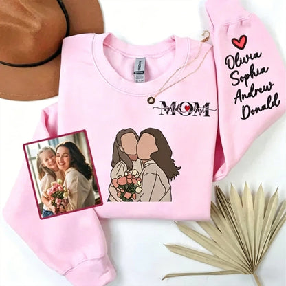 Personalized Photo Custom Embroidered Kids Names Sweatshirt for Mother’s Day Gift