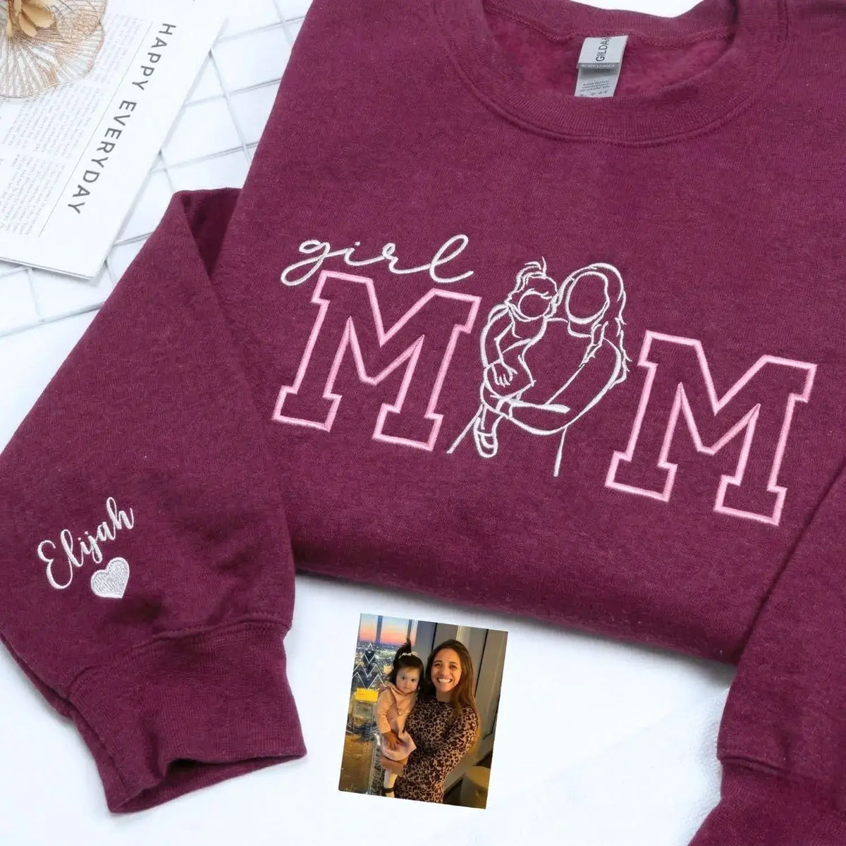 Custom Girl Mom with Embroidered Portrait from Photo and Kids Name Sweatshirt | Mother&
