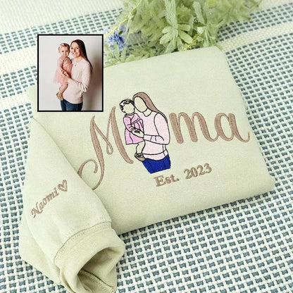 Custom Embroidered Mom Sweatshirt with Mom Kids Portrait | Mother&