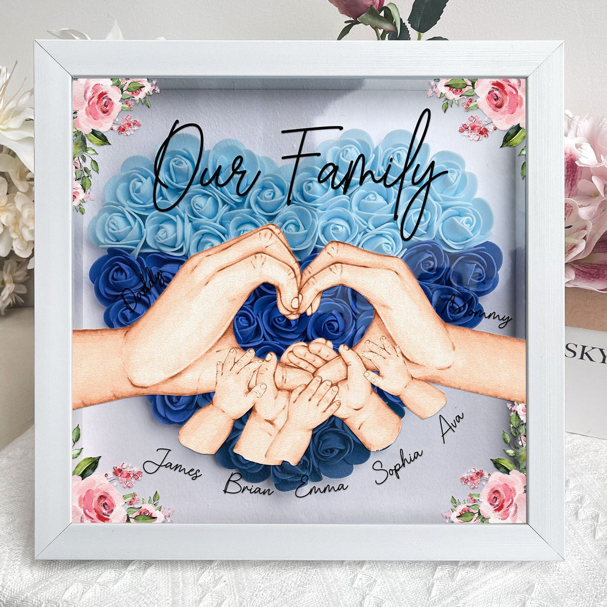 Personalized Our Family Hands Flower Shadow Box – Custom Mother’s Day Gift for Mom, Popular Family Keepsake Decor
