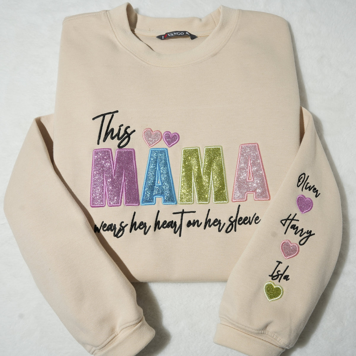 Custom Mama/Mom "Wear Heart on Her Sleeve" Sequin Sweatshirt with Kids&