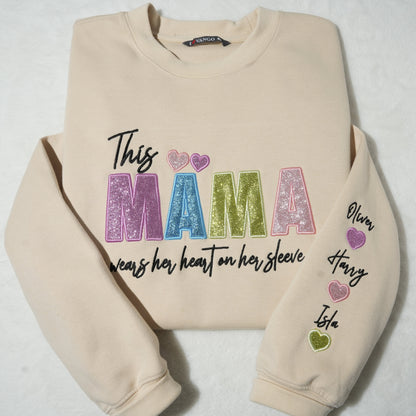 Custom Mama/Mom "Wear Heart on Her Sleeve" Sequin Sweatshirt with Kids&
