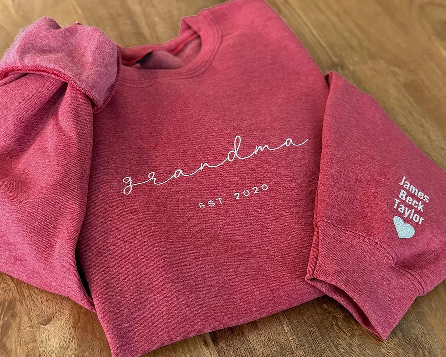 Custom Embroidered Grandma Sweatshirt with Grandkids Names on Sleeves