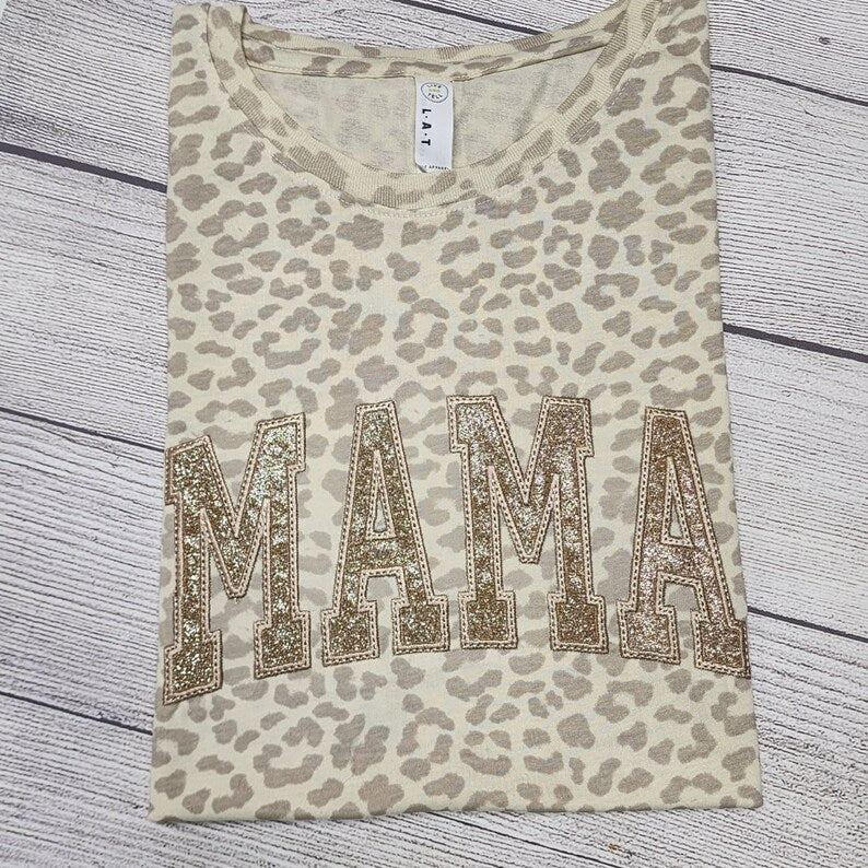 Custom Embroidered Leopard Mama Shirt Black Glitter Monochromatic Tee Mothers Day Gift for Mom