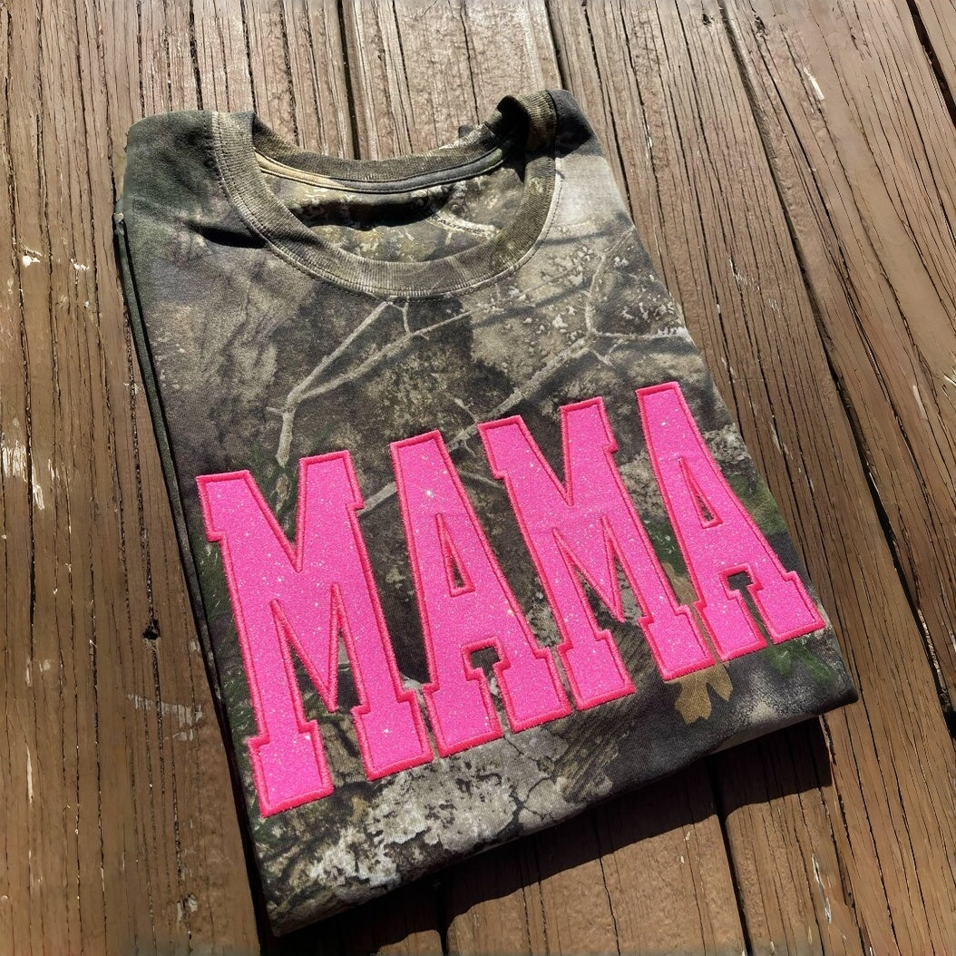 Personalized Camo Glitter Text Mama Shirt Custom Name Hunting Gift for Mom Mothers Day Apparel